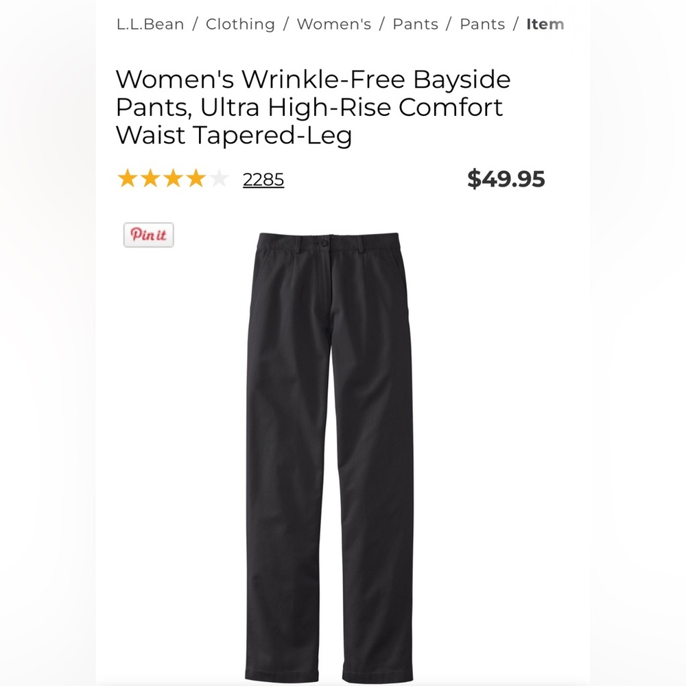 LL Bean Black Tapered-Leg Wrinkle-Free Bayside Pants 14 Regular